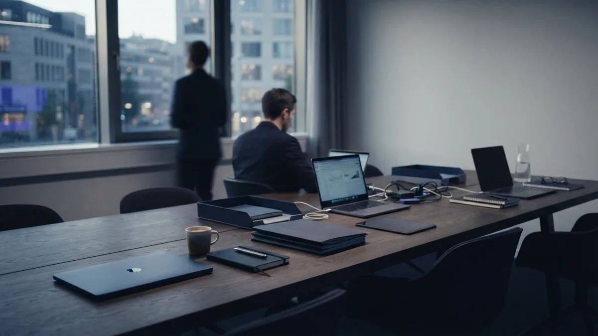 Three connected BPM process types Modern meeting room with organized work areas for connected business processes