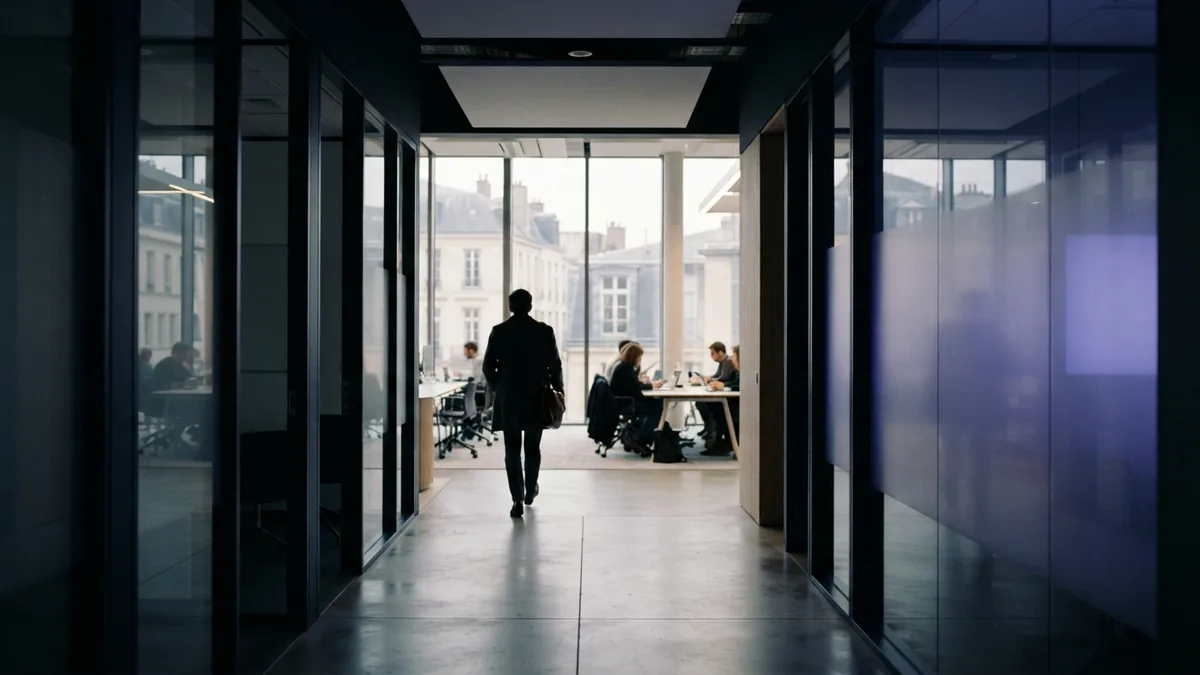 A clear path through business work European office corridor leading toward a bright collaborative workspace