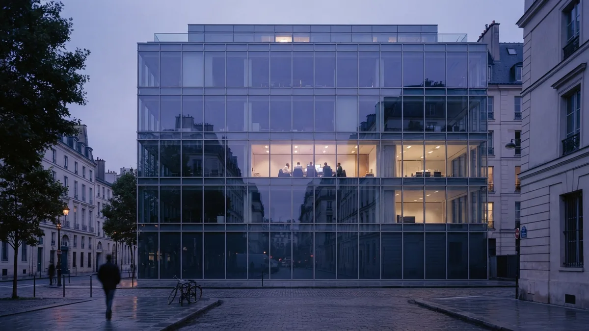 Business systems built for steady growth Modern European office facade at blue hour with calm geometric lines