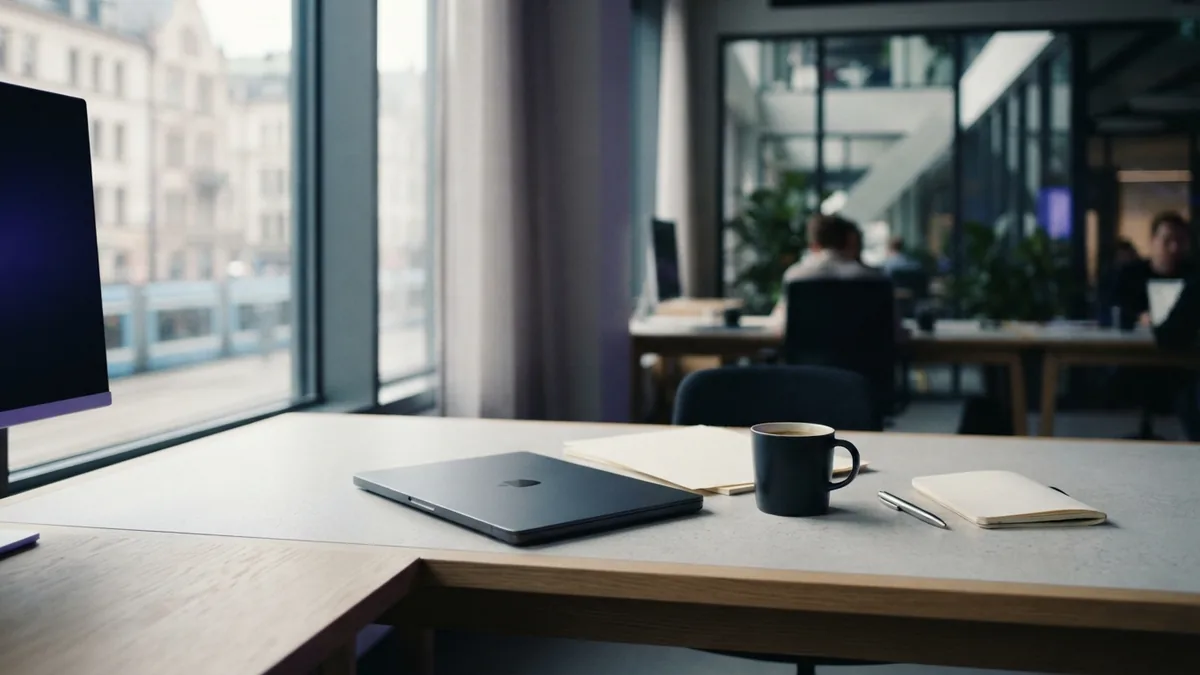 Solo business workspace in soft daylight Minimal co-working desk showing a calm setting for a solo business owner
