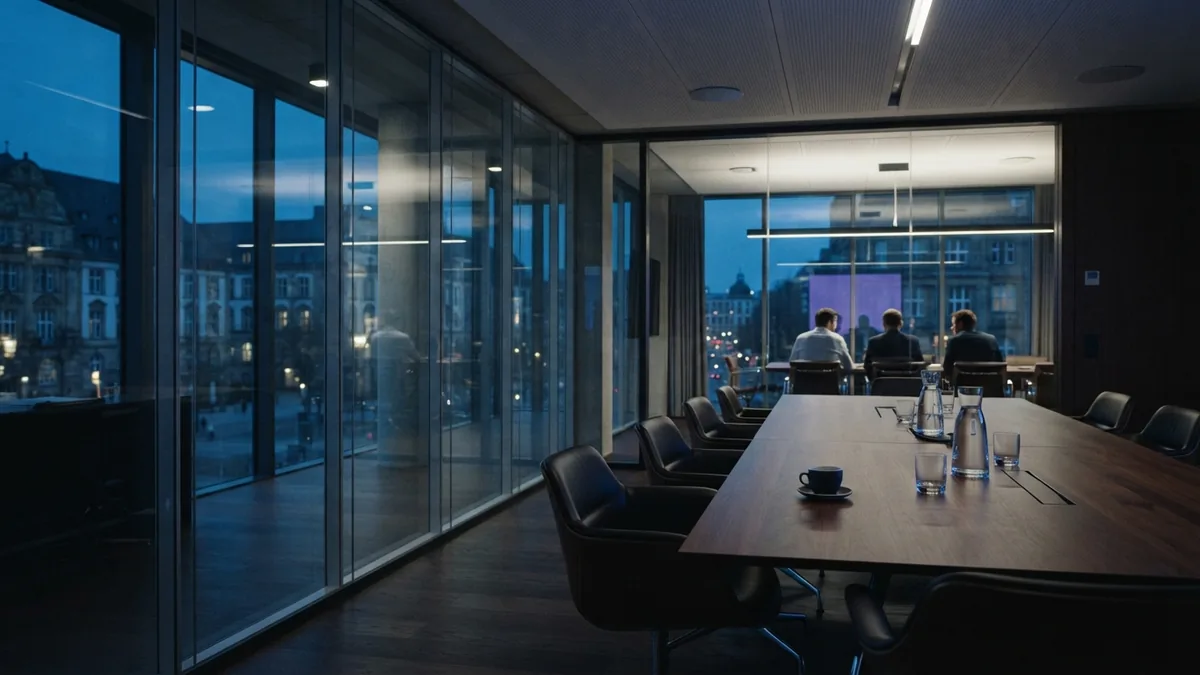 Formal boardroom for corporate planning Quiet European boardroom with glass walls and formal business setting