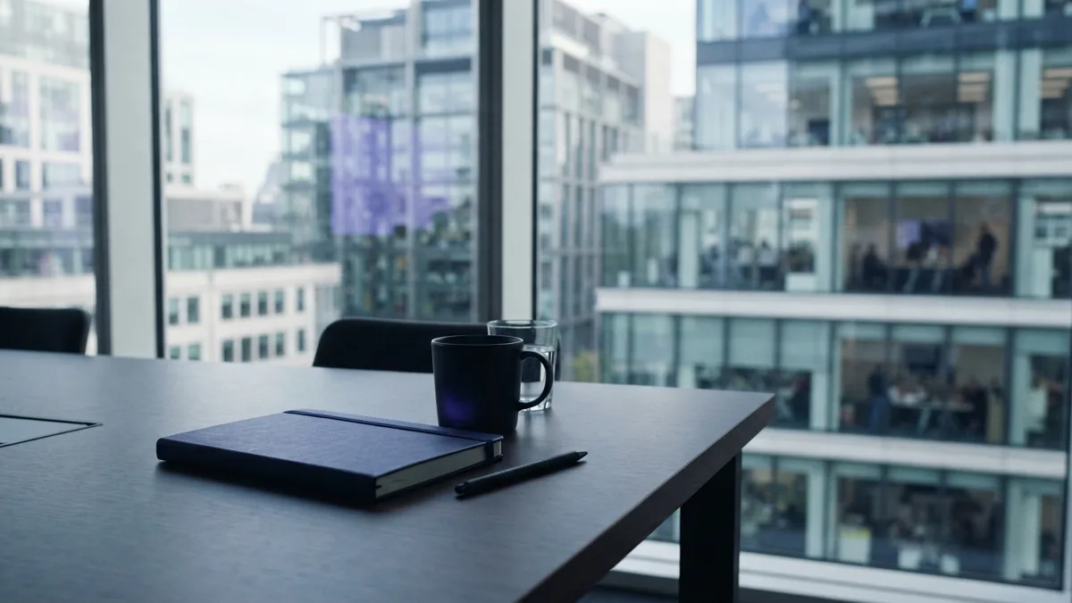 A business setting for working capital Modern office meeting table and glass buildings in a restrained business setting