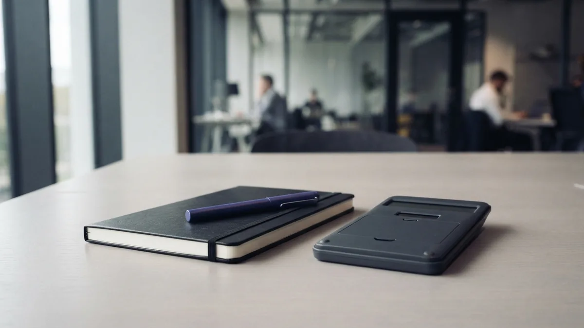Unmarked notebook and office tools on a pale desk for finance work