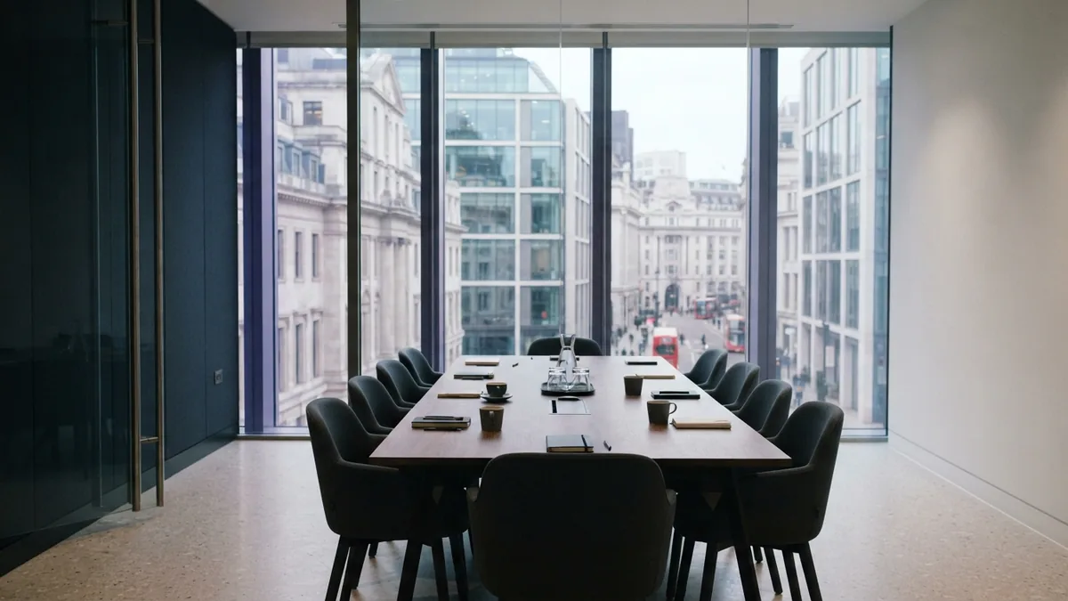 Empty European boardroom with glass walls and a muted city view