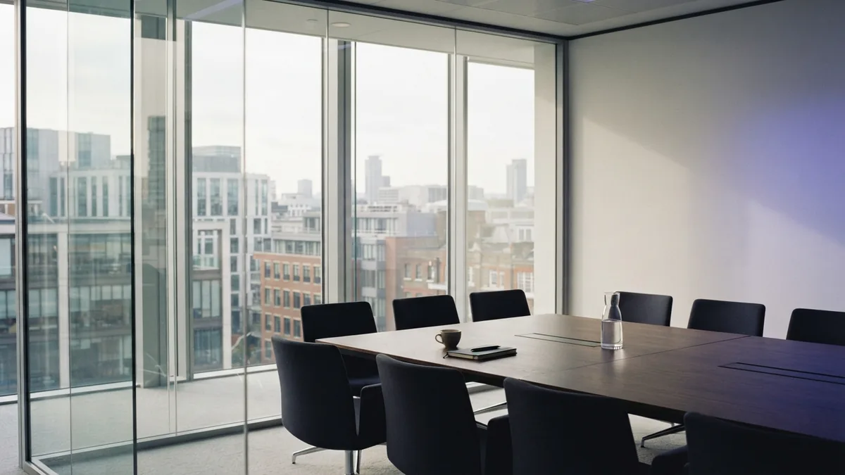 An empty boardroom with glass walls, reflecting choices in business control and risk