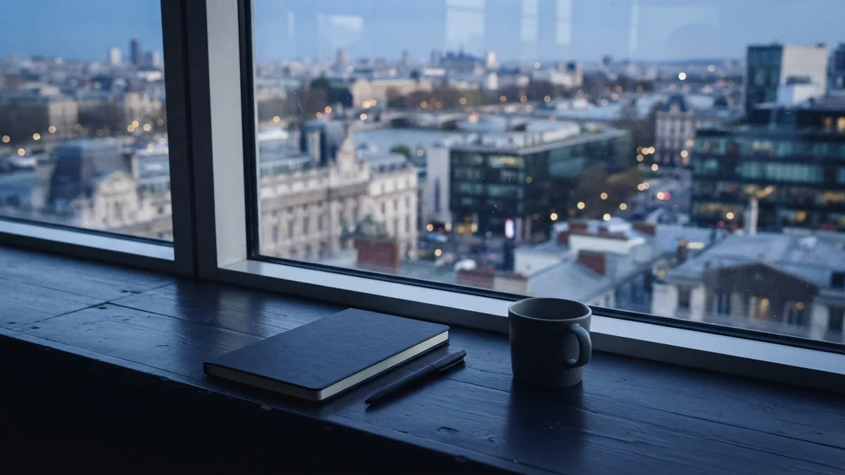 Planning a business decision A quiet office desk beside a city view, suited to weighing business choices