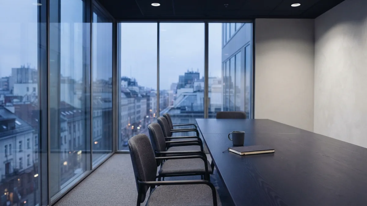 Empty European meeting room with glass walls, suited to a discussion of consulting roles