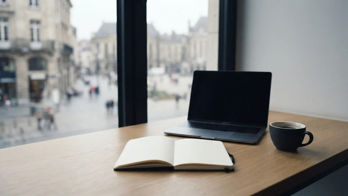 A focused co-working desk with a blank notebook and coffee beside a window