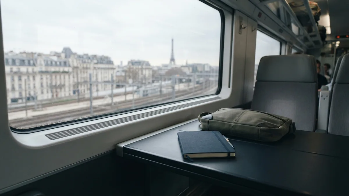 A quiet moment during a work journey A quiet train workspace with a closed notebook, suggesting travel in a consulting career