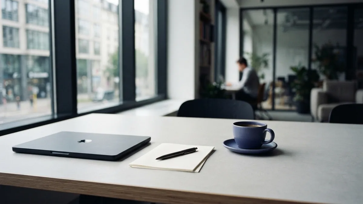 Organised tools for a content plan Organised co-working desk with blank planning materials in a calm modern European office