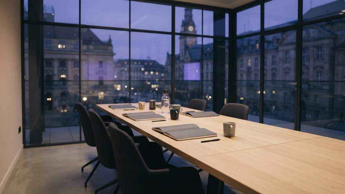 Modern meeting room with blank notebooks and glass walls overlooking quiet city architecture