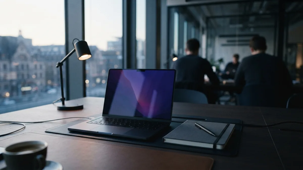 Measuring results at a calm work desk Minimal co-working desk with laptop and notebook in soft daylight