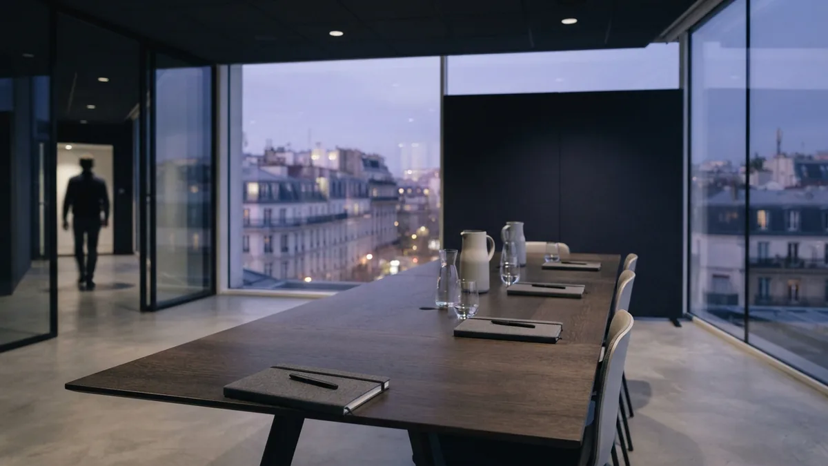 Modern European meeting room with notebooks and city architecture outside