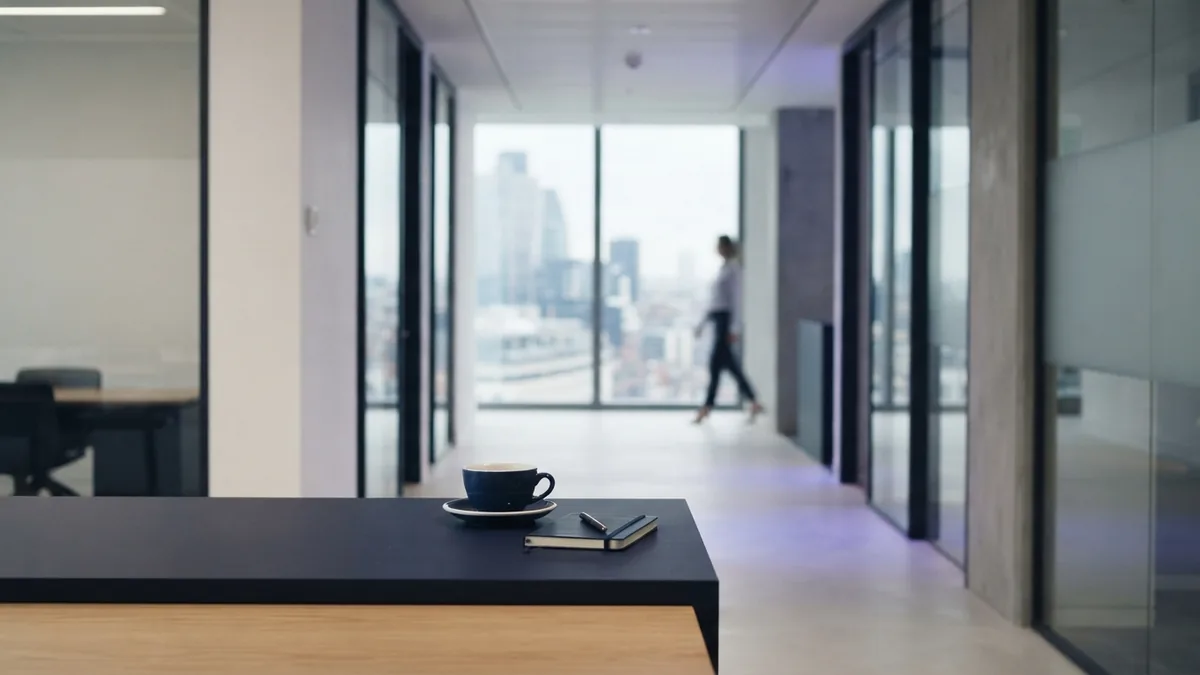A clear path for improving results Clean modern office passage with desk and soft indigo light
