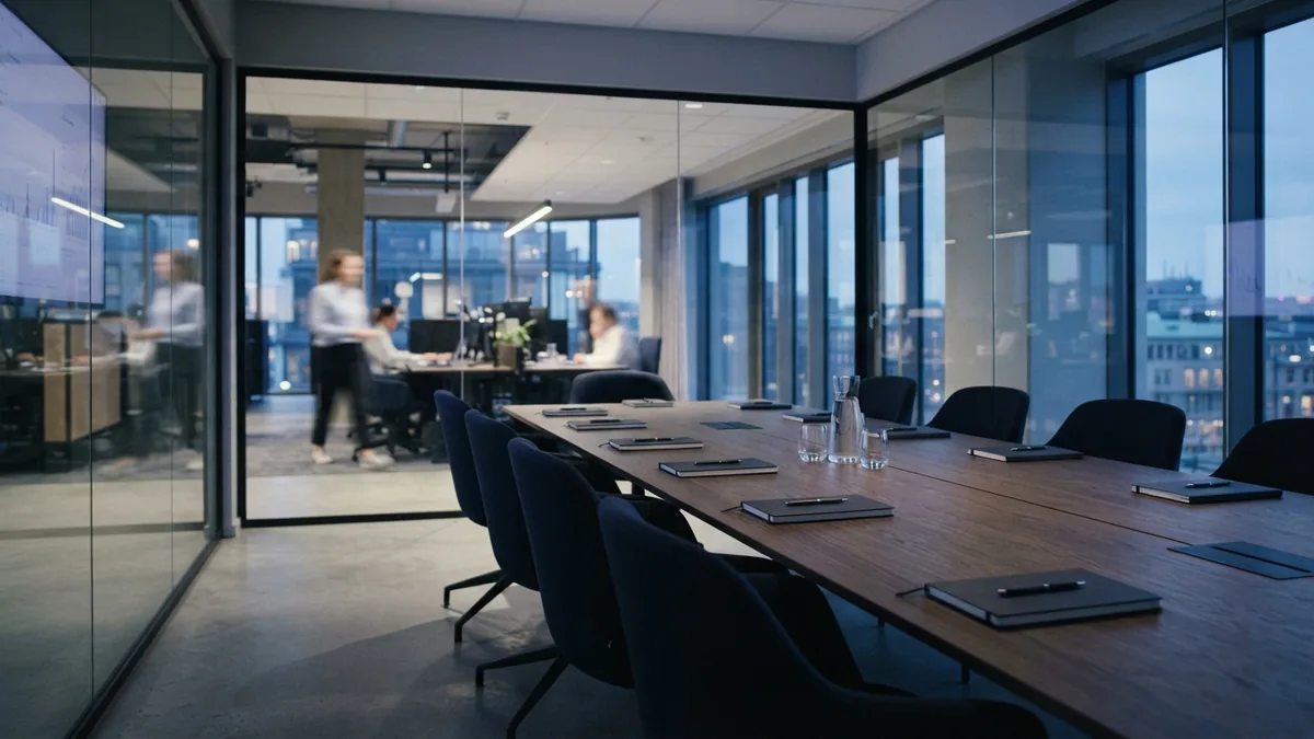 A calm meeting space for better team decisions Modern meeting room set for a team reviewing customer service and sales work
