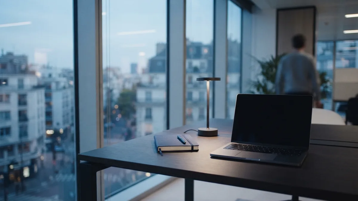A quiet workspace for comparing CRM needs Minimal office desk with a laptop and notebook for planning a CRM system choice