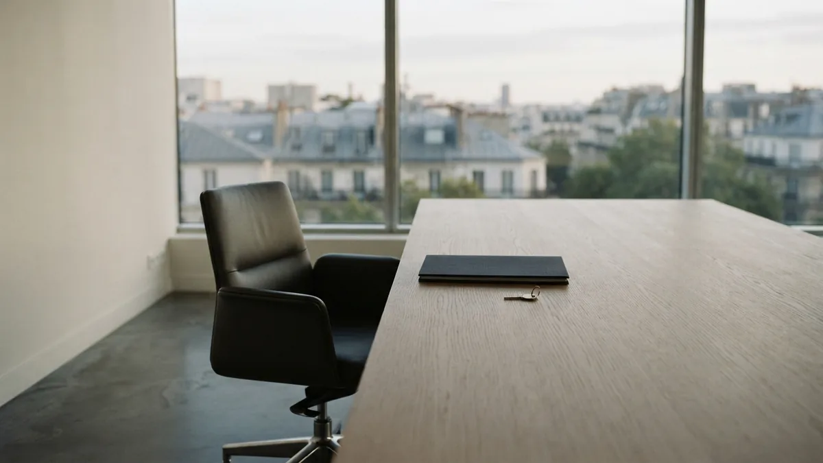 The weight of a business loan decision Empty boardroom with a closed folder and key showing the weight of business loan consequences