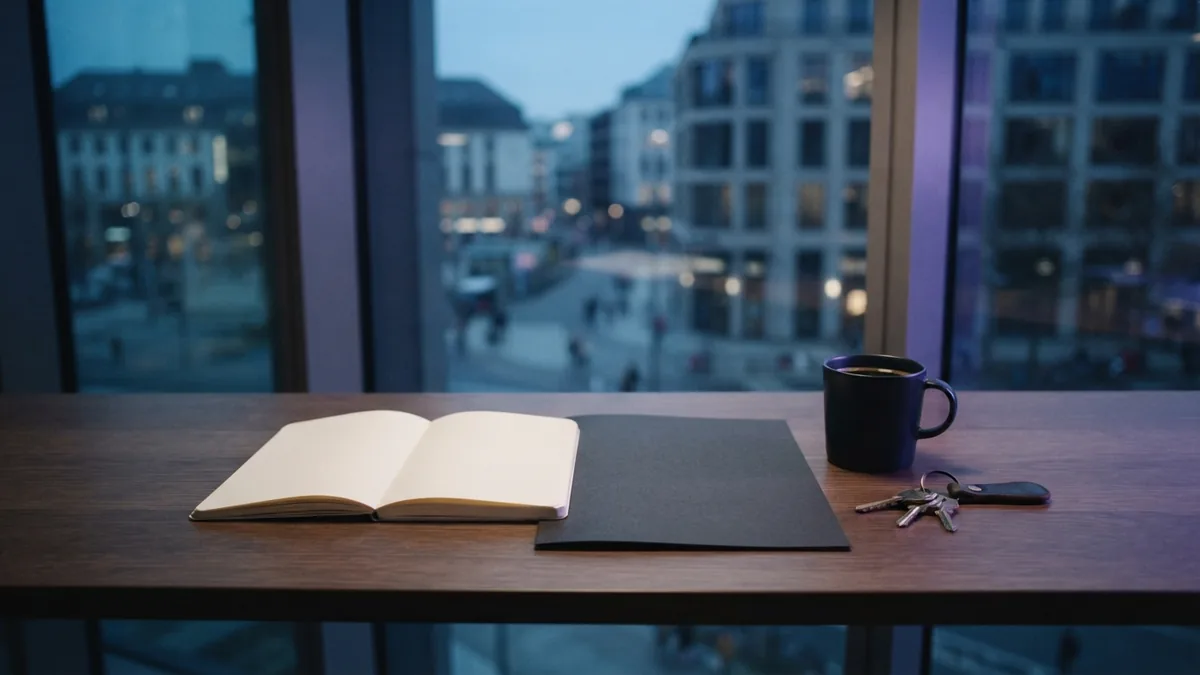 Planning the next step after loan trouble Co-working desk with a folder, keys, and coffee during a calm business debt review
