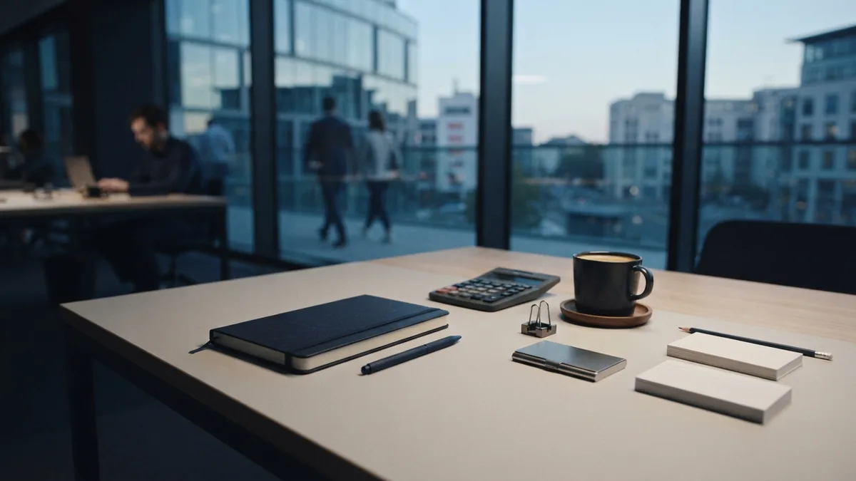 Focused desk for business planning Minimal co-working desk with planning tools and coffee in cool natural window light