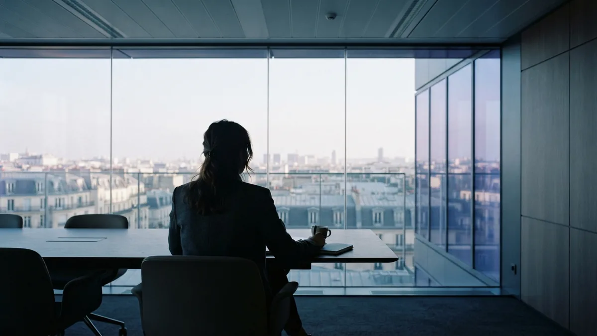 Quiet meeting room for business decisions Anonymous manager in a quiet glass meeting room overlooking a European city