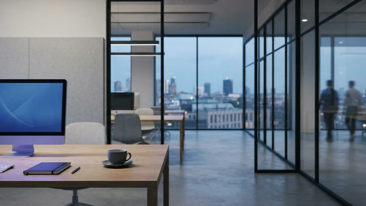 The setting for modern audience reach Modern European coworking room with empty desks and city views in soft daylight