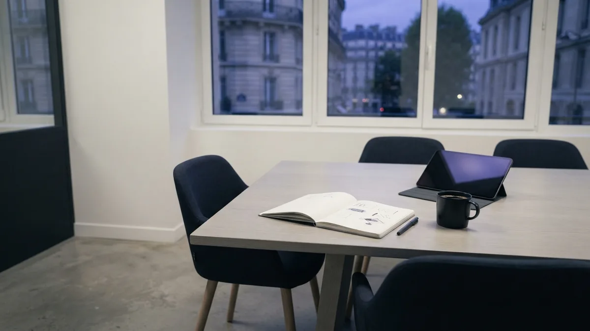 Clean meeting room with notebook, coffee, chairs, and soft window light