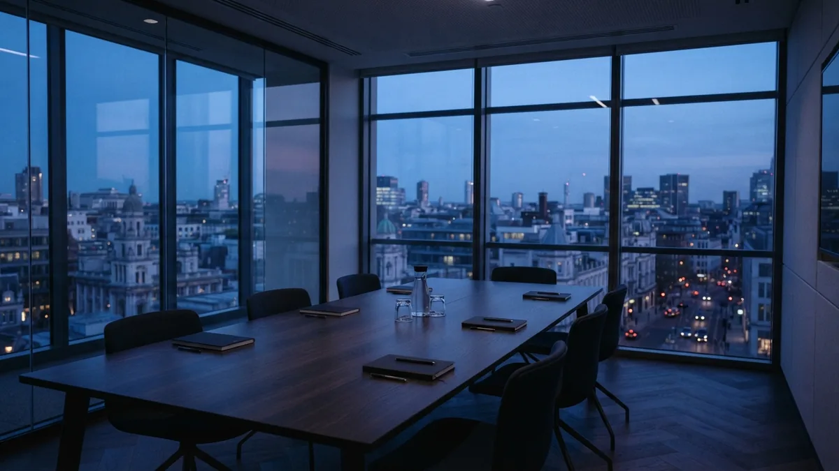 Quiet European boardroom with long table and city view at blue hour