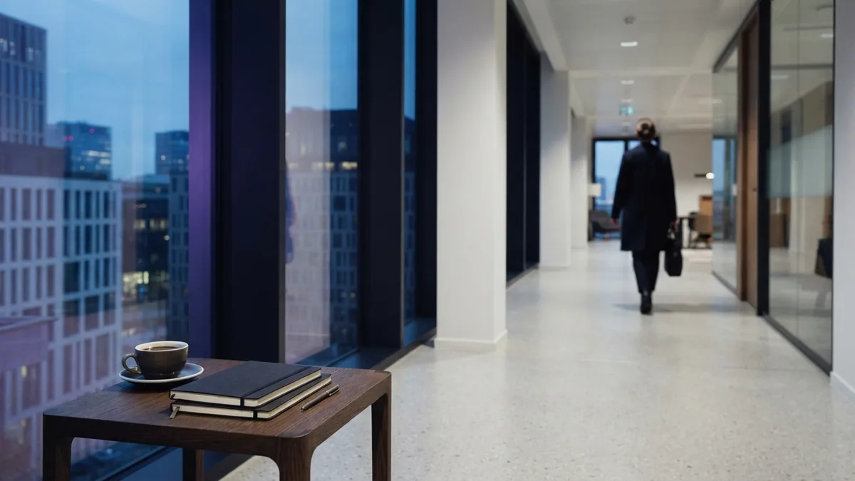 Refined office corridor with coffee and notebooks beside tall windows