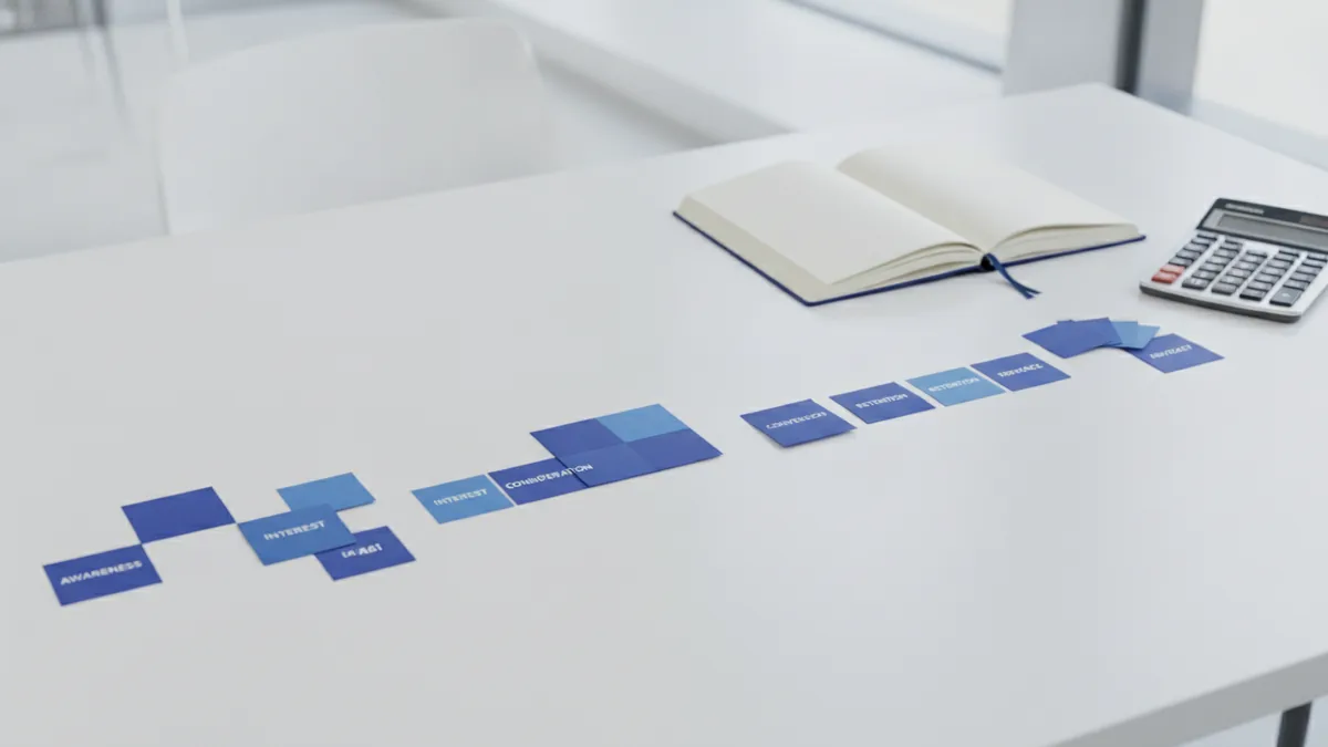 Customer journey flow Journey stages mapped out with organized desk notes