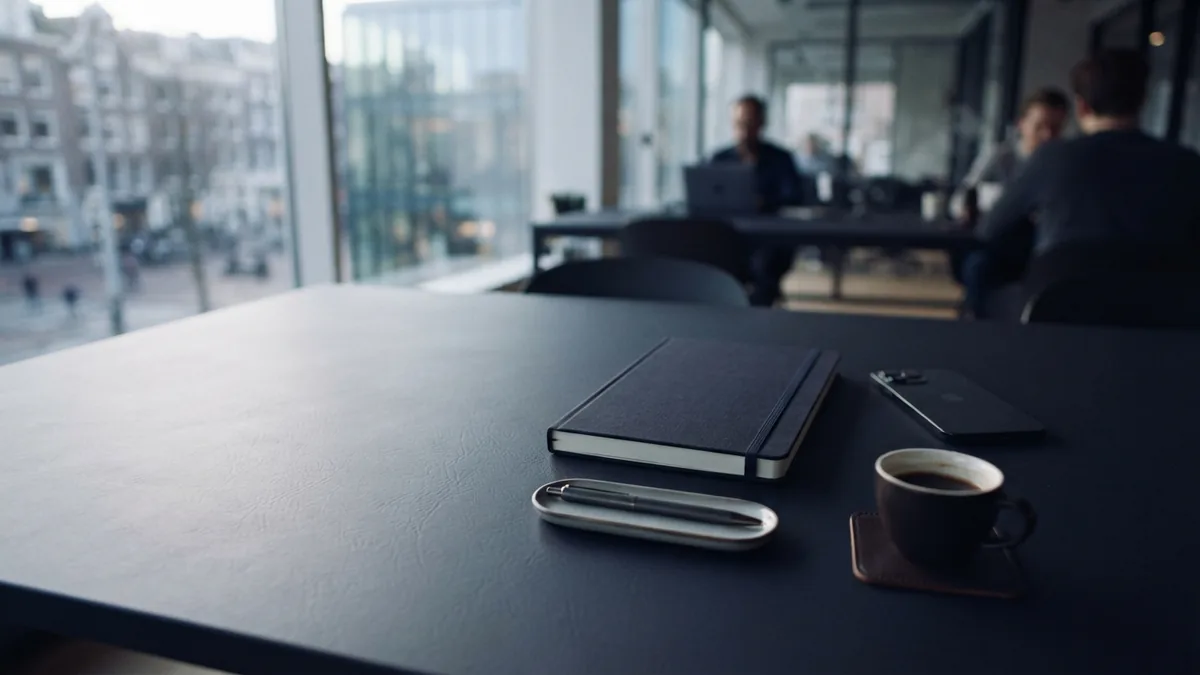 A quiet desk for marketing planning Minimal European office desk with everyday tools for planning digital marketing work