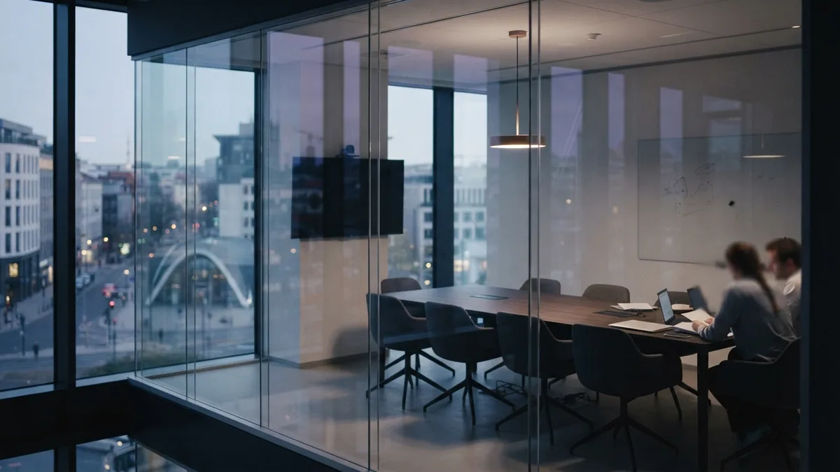 A quiet space for campaign review Empty glass meeting room in a European office with a long table and soft daylight