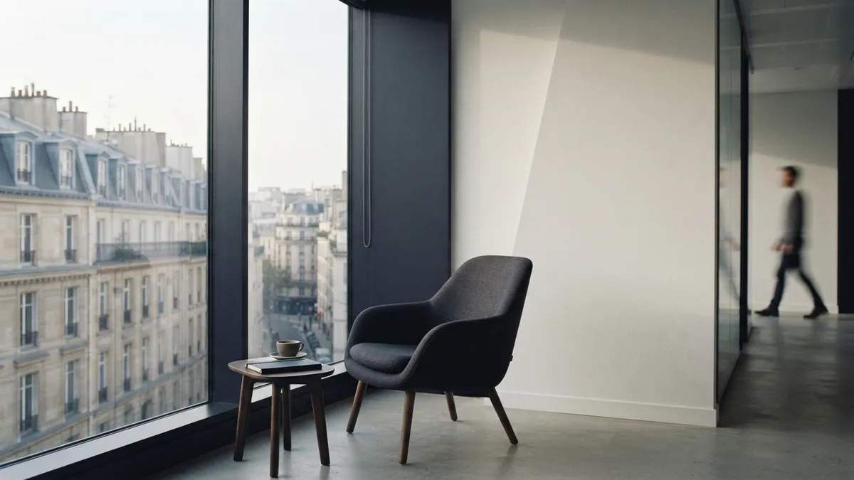 Understated European office overlooking city buildings in soft daylight