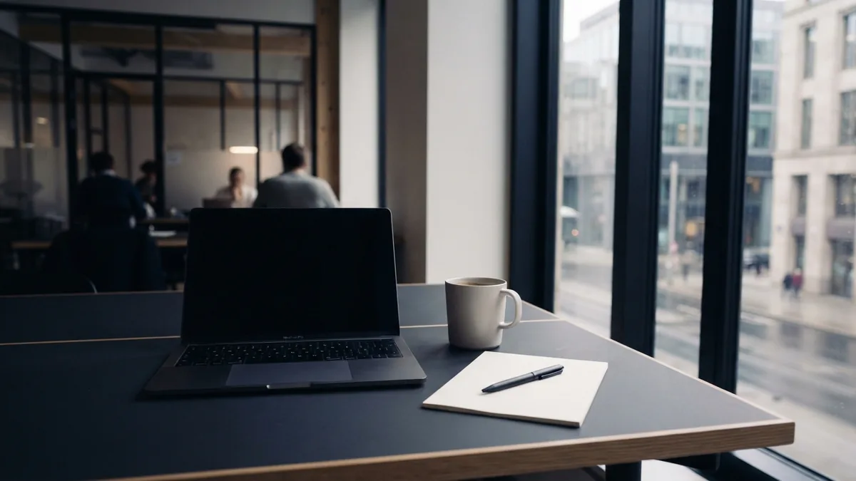 Co-working table by a window with a closed laptop and blank paper
