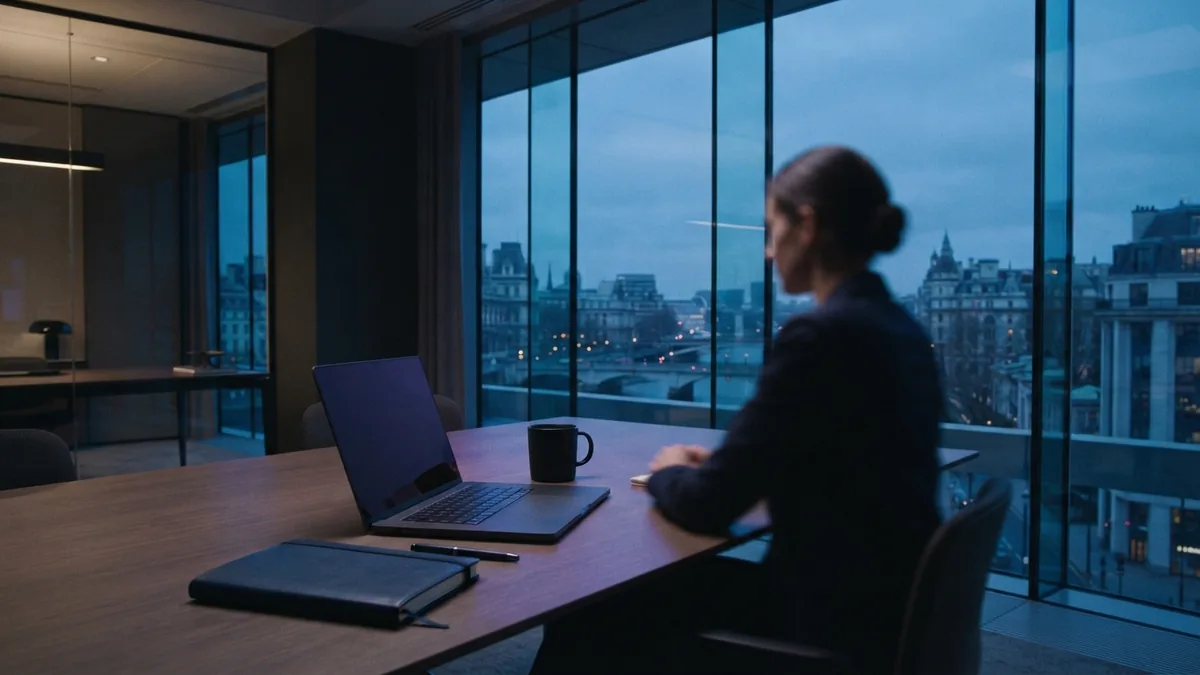 Modern European office overlooking city architecture through a glass facade at blue hour