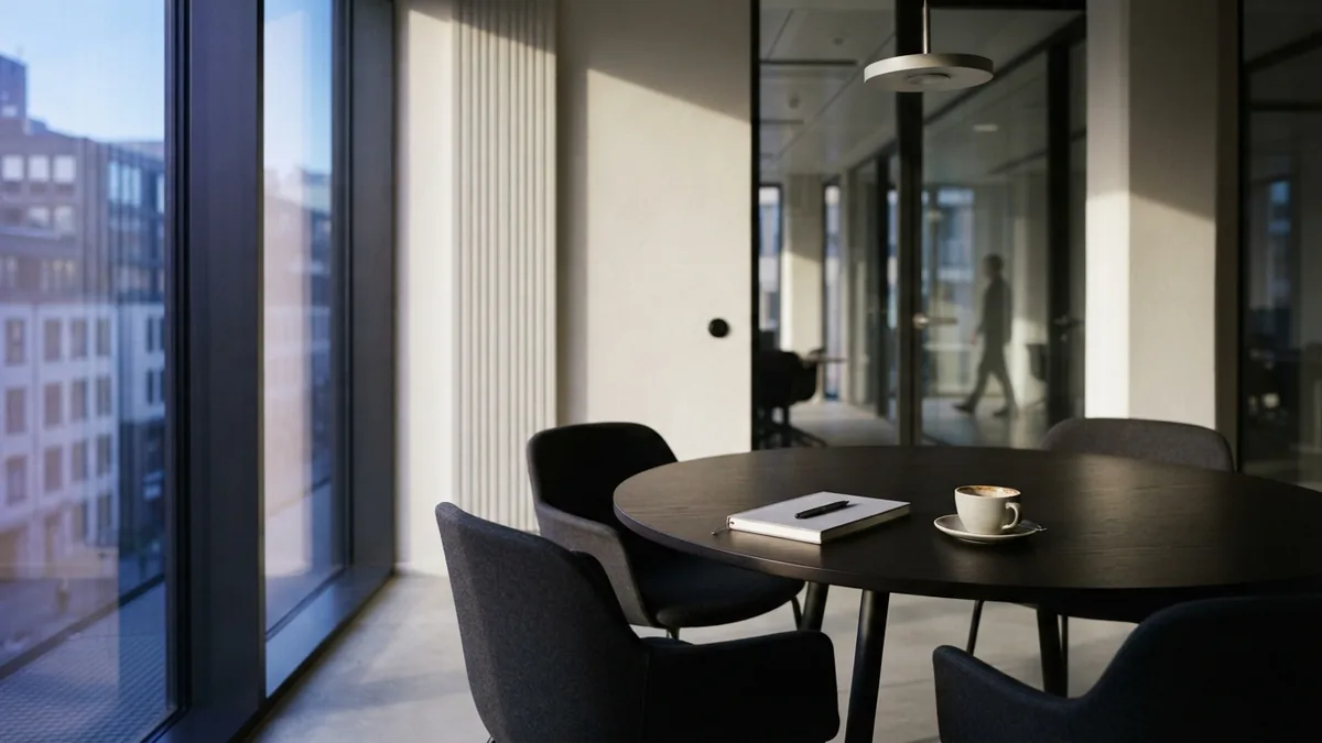 Empty modern meeting room with round table and notebook in soft cool daylight