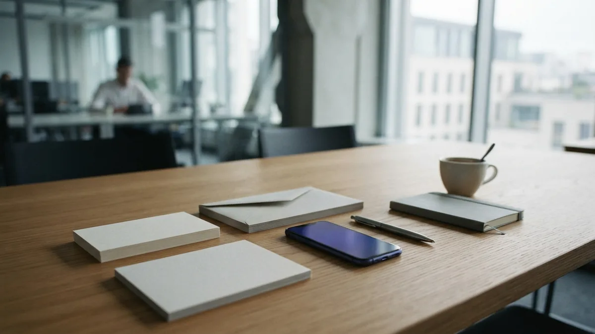 Organized European workspace with mail pieces and phone for direct marketing channels