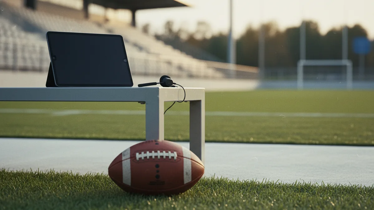 Sideline preparation scene with a football and equipment near the field