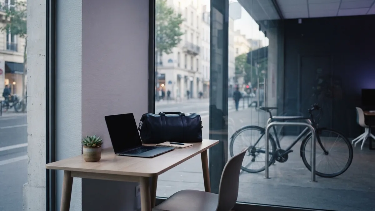 Modern office corner with work tools and travel items for small business planning