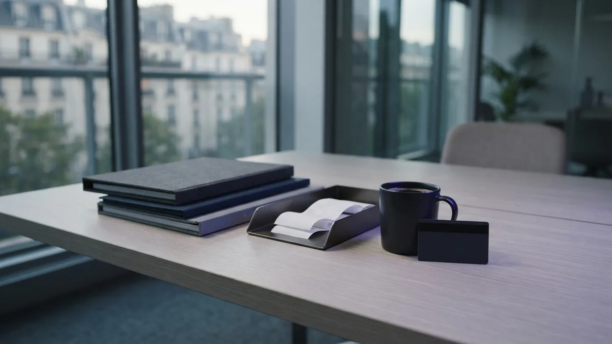 Organized meeting room desk with folders and receipts for expense tracking