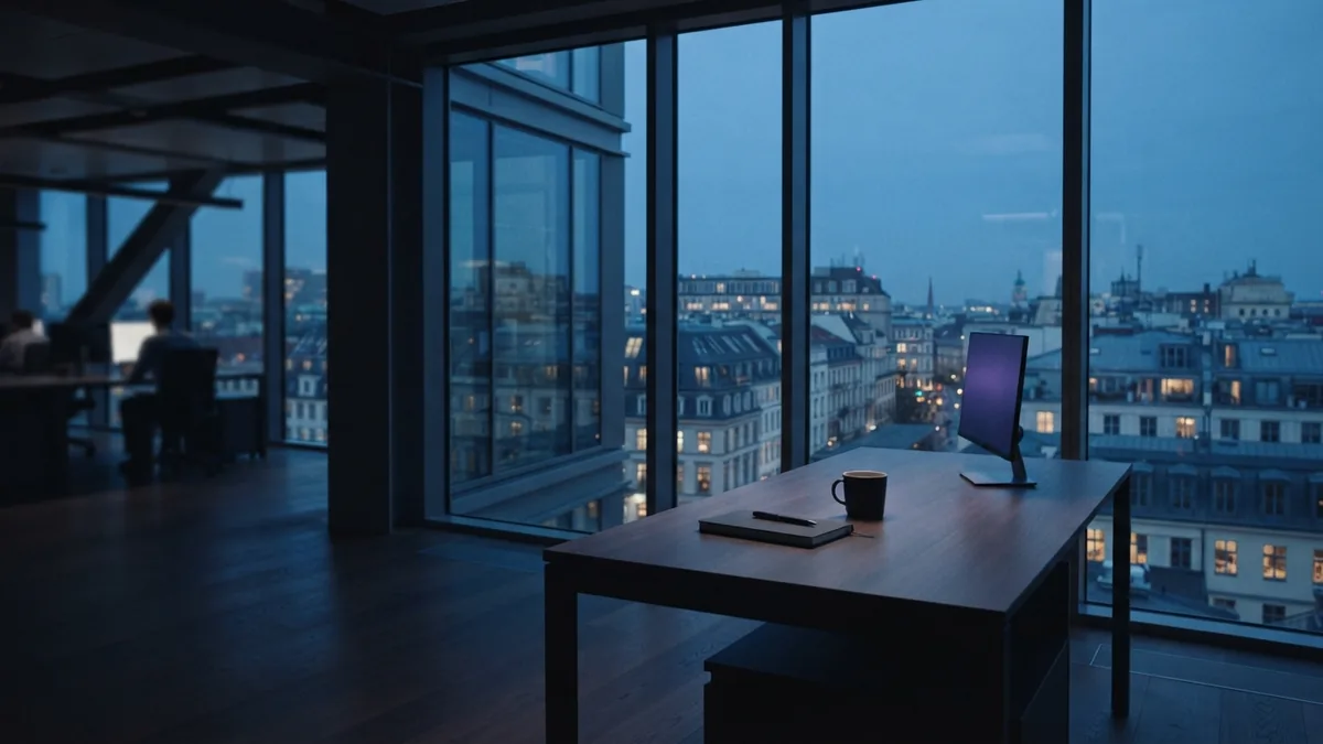A calm view for market thinking European office overlooking city buildings during a calm market review