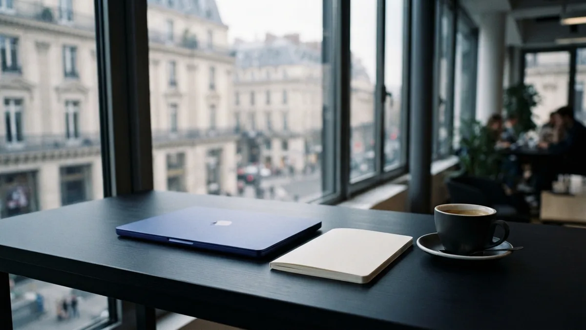 Minimal co-working desk beside tall windows in a modern European office