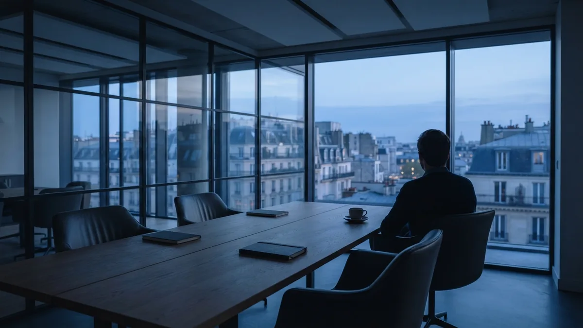 A quiet interview practice room Uncluttered European meeting room set for thoughtful consulting interview practice