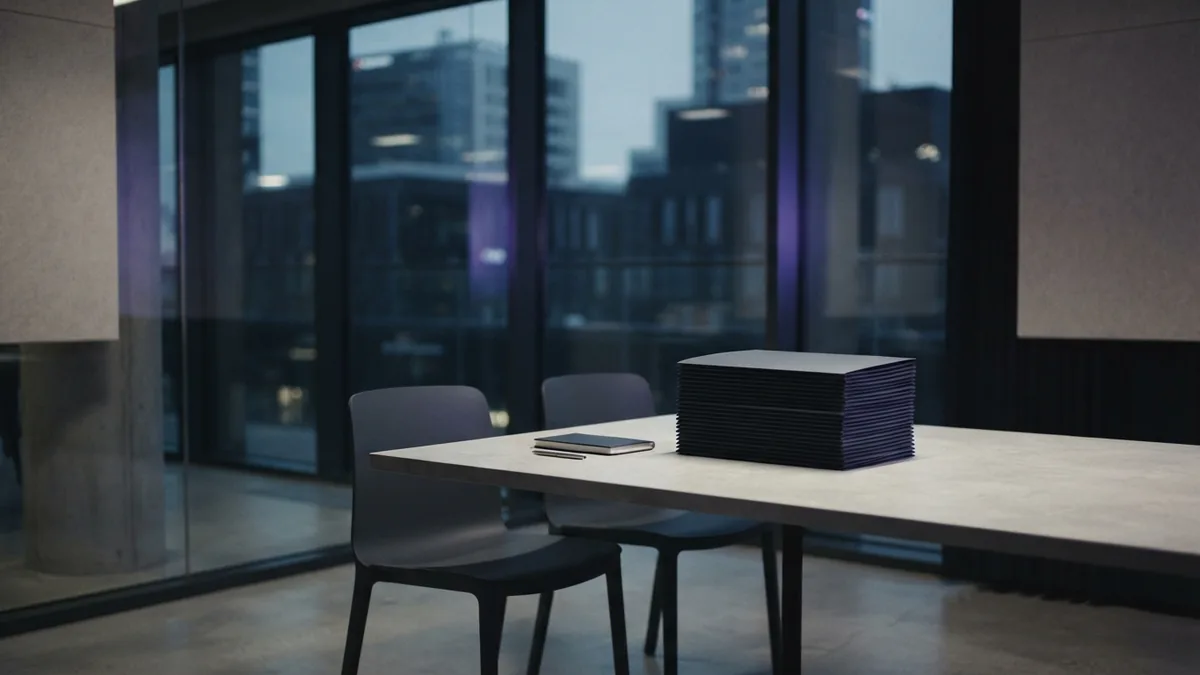 Minimal meeting room with folders and cool daylight through glass walls