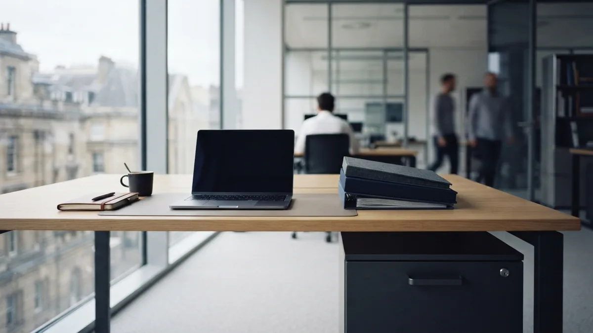 Organized workspace for protecting an idea Organized office desk with secure storage for business planning and private work