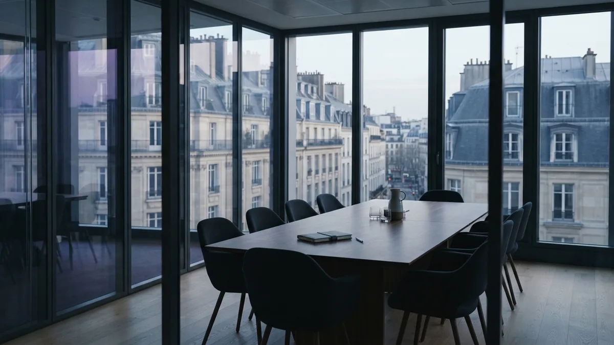 Quiet European meeting room with glass walls and cool city light