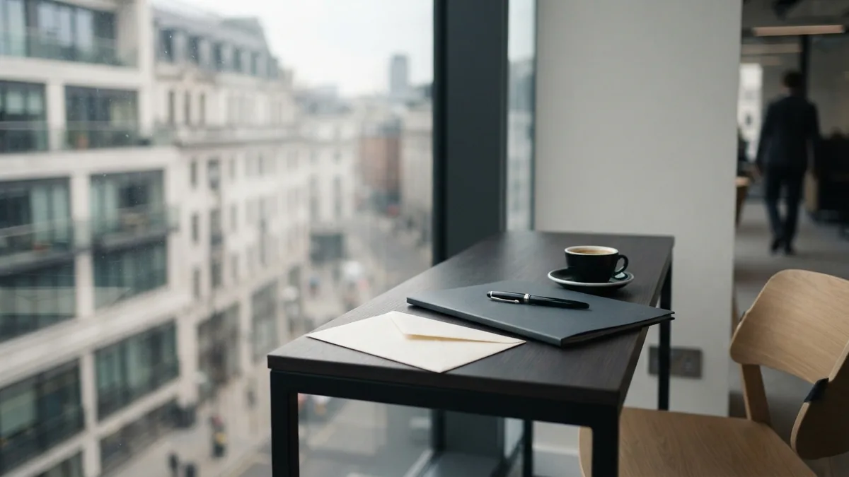 Co-working desk with a plain envelope and folders for a mail request
