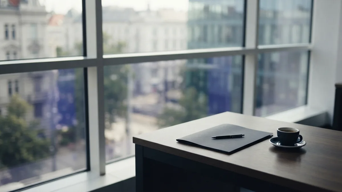 Business records in a quiet office Unmarked business folder and pen on a bright desk in a modern office