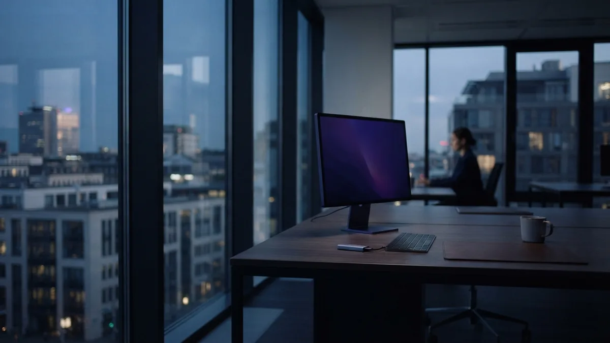 Focused desk for startup repair work Uncluttered office desk with monitor and USB drive during a calm repair session