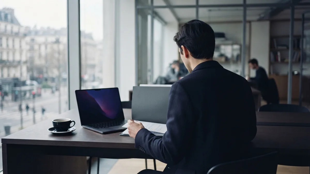 Business owner reviewing cover papers at a bright European co-working desk