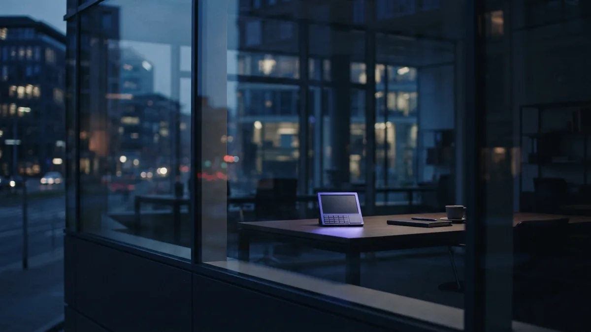 Office setting for insurance cost planning Modern city office at dusk with a clean desk and cool blue light